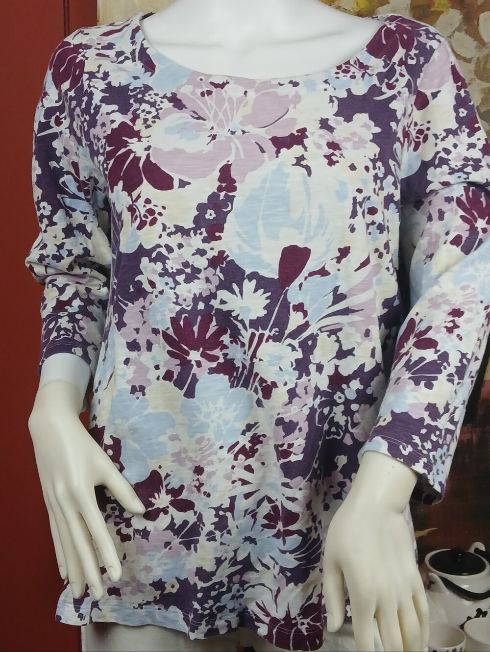 Lands' End Purple Multi Floral Long-Sleeve Scoop Neck Top